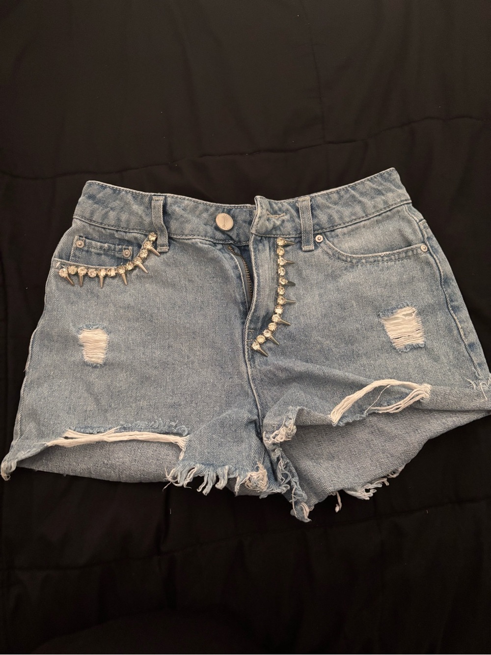 Light Blue Distressed Denim Shorts with Stud Zipper and Pocket